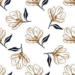 Seamless floral pattern with beige line art flowers and black centers on white background