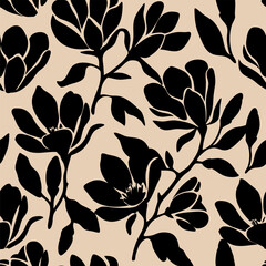 Seamless black magnolia floral pattern on beige background