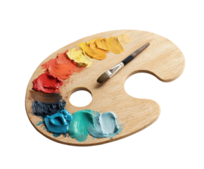 Colorful artist palette with brush and vibrant paint colors on a transparent background, cut out