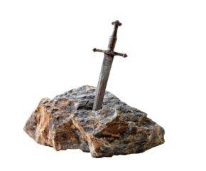 Sword embedded in stone as a symbol of strength and legend on a transparent background, cut out