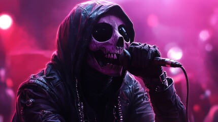 Close-up view of a performer wearing a skull mask during a live music show.
