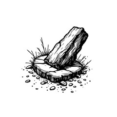 Isolated monochrome sketch of weathered wood on stony patch, nature art