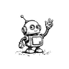Friendly monochrome robot waving and displaying a peace sign on a white background