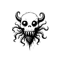 Stylized Skull with Tentacles and Horns in Black and White Illustration