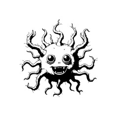 Whimsical Creature: An endearing, tentacled being with a toothy grin in black and white