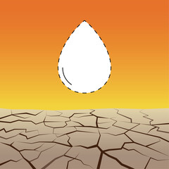 Illustration of a cracked, dry earth under an orange sky with an outlined, missing water drop. Symbolizing severe drought, water scarcity, and the urgent need for conservation.