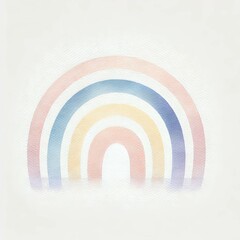 Naklejka premium Minimalist pastel rainbow in soft peach, yellow, and blue tones on white textured background. Watercolor illustration with smooth gradient brushwork