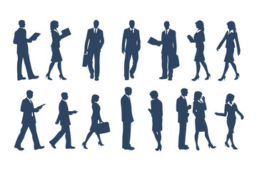 Professional Businesspeople Silhouettes Set. Corporate Office Worker Poses with Briefcases, Phones, Laptops and More. Male and Female Business Figures Clipart Vector Illustration.
