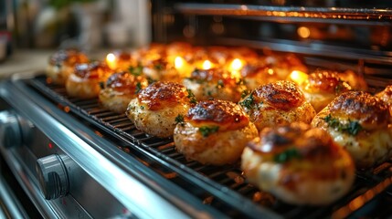 Baked stuffed potatoes on a metal rack in an oven.