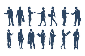 Professional Businesspeople Silhouettes Set. Corporate Office Worker Poses with Briefcases, Phones, Laptops and More. Male and Female Business Figures Clipart Vector Illustration.