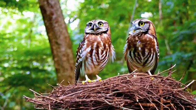 Two adorable spotted owlet parent birds perch attentively at the entrance of their cozy tree nest, their wide, alert eyes scanning the surroundings. 4k video