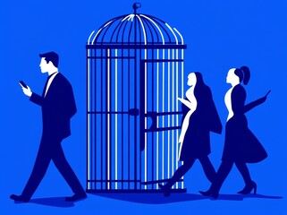 As the open cage was unlocked, people wearing masks emerged and went back to work, restarting businesses in normal operation mode after the Coronavirus COVID-19 outbreak had reached its peak,