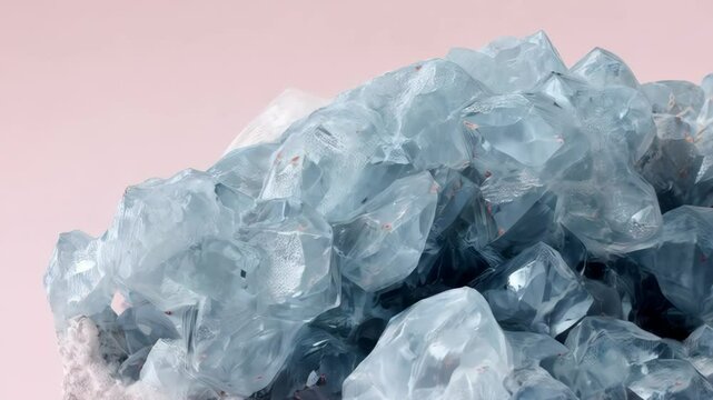 Close-up of a Celestine Crystal Cluster with many facets, showcasing the light blue mineral against a plain pastel pink background.