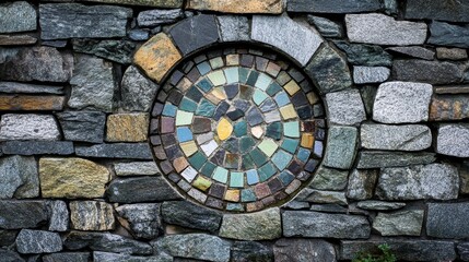 Obraz premium Stone wall mosaic art: decorative tile circle on rough textured background 