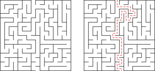 Challenging maze with solved path showing route from entrance to exit for brain teasers