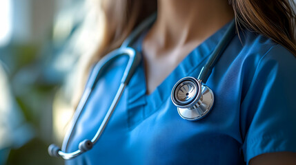 Closeup view of a medical professional's scrubs and stethoscope.