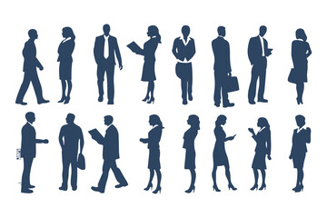 Professional Businesspeople Silhouettes Set. Corporate Office Worker Poses with Briefcases, Phones, Laptops and More. Male and Female Business Figures Clipart Vector Illustration.