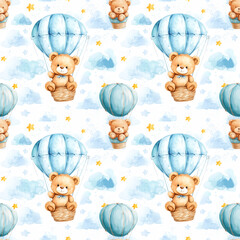 Bear in Hot Air Balloon Pattern. Dreamy Sky Adventure.