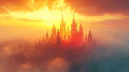 Fototapeta premium Fiery, golden sunset over a majestic, ancient city hidden in clouds.