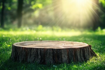 Sunlit tree stump in a grassy park (1)