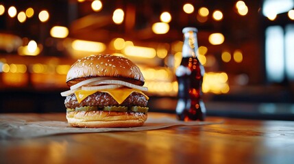 juicy cheeseburger with double beef patties, layered with grilled onions and cheddar slices, sitting on rustic butcher paper, with blurred bottles of craft soda in background, warm cinematic