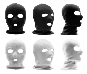 Set of 2, black white classic knit knitted woven cuffed wool ribbed fleece balaclava face ski mask headgear, front side view on transparent cutout PNG file. Mockup template for artwork design	