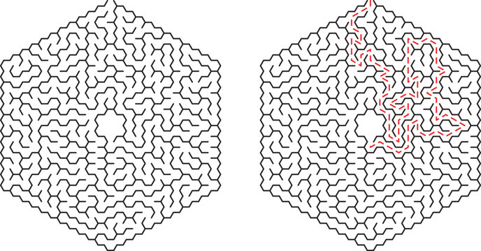 Complex hexagonal maze illustration with solution path shown in contrasting red color scheme