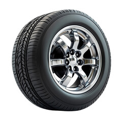 Obraz premium Gleaming chrome wheel black tire detailed tread isolated on black on transparent background