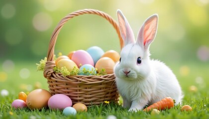 Pastel colored eggs and carrots in a spring basket, surrounded by fluffy white bunny tail Perfect for Easter , colors, bunny, celebration