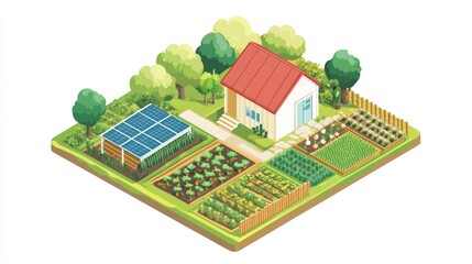 Rural homestead with garden and solar panels.