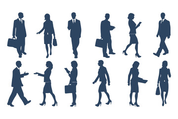 Professional Businesspeople Silhouettes Set. Corporate Office Worker Poses with Briefcases, Phones, Laptops and More. Male and Female Business Figures Clipart Vector Illustration.