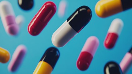 Colorful capsules floating against a blue backdrop