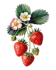Branch with strawberries and flowers, watercolor clipart illustration with isolated background png