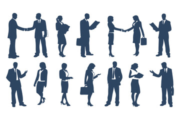 Professional Businesspeople Silhouettes Set. Corporate Office Worker Poses with Briefcases, Phones, Laptops and More. Male and Female Business Figures Clipart Vector Illustration.