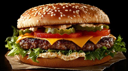 a classic cheeseburger with sesame seed bun, thick juicy patty, tomato slices, lettuce, and cheddar cheese, artfully lit with a single softbox from the side, styled with parchment paper and