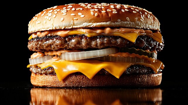 a freshly stacked cheeseburger shot in side-profile, thick meat patty with seared edges, melting cheese detail, soft highlight from backlight and subtle front fill to reduce harsh shadow