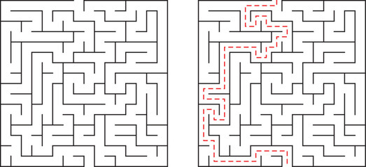 Solved and unsolved maze illustration presenting problem solving concepts and finding solutions