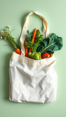 Reusable White Canvas Tote Bag with Fresh Farmers Market Vegetables on Green Background