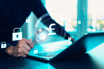 Businessman analyzing financial data with magnifying glass on laptop, surrounded by padlock icons. Concept of cybersecurity, data protection, and secure online transactions in finance.
