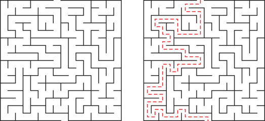 Conceptual representation of a maze problem and solution with red path visual aid
