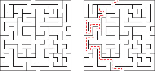Complex maze with solution path outlined in red illustrating problem solving and navigation