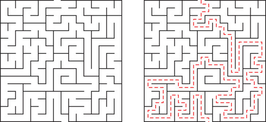 Black and white labyrinth puzzle with red solution route showing the correct path