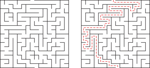 Conceptual illustration of maze puzzle with and without a completed path solution displayed