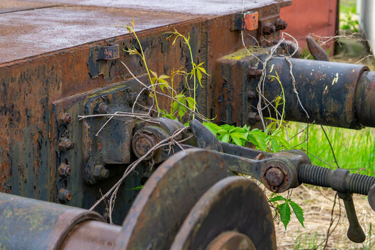 Close-up of the rusty undercarriage of an old freight railcar, featuring visible couplings, bolts, and overgrown vegetation climbing the metal structure. The image symbolizes the passage of time, aban