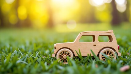 Wood toy car in spring grass. Travel concept. Miniature vehicle outdoor scene for greeting card, travel concept or festive display