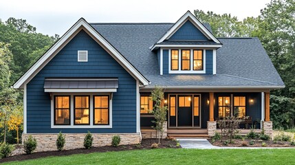 Exterior view of a blue house with a dark roof and a well manicured lawn in a suburban neighborhood