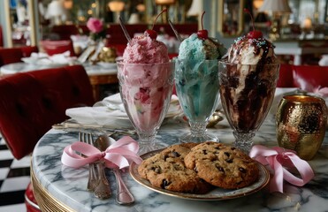 Naklejka premium Ice cream sundaes and chocolate chip cookies served in a luxurious restaurant