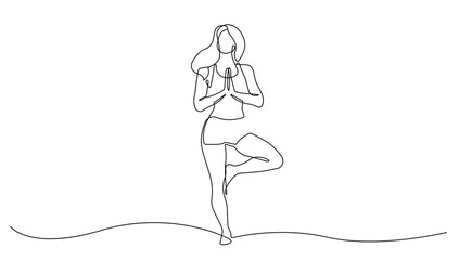 Woman Yoga Meditation Pose Continuous One Line Drawing. Active Lifestyle Simple Linear Style Concept. Female Yoga Relax in Editable Stroke Doodle Contour Vector Illustration
