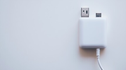 A white smartphone charger rests on a plain white background.