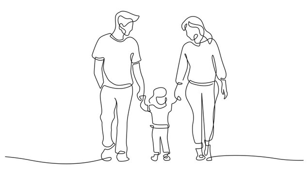 Parents Walking with Child One Line Vector Illustration. Mother, Father and Child Continuous Single Line Drawing. Happy Family with Hand Drawn Contour Silhouette Outline Style